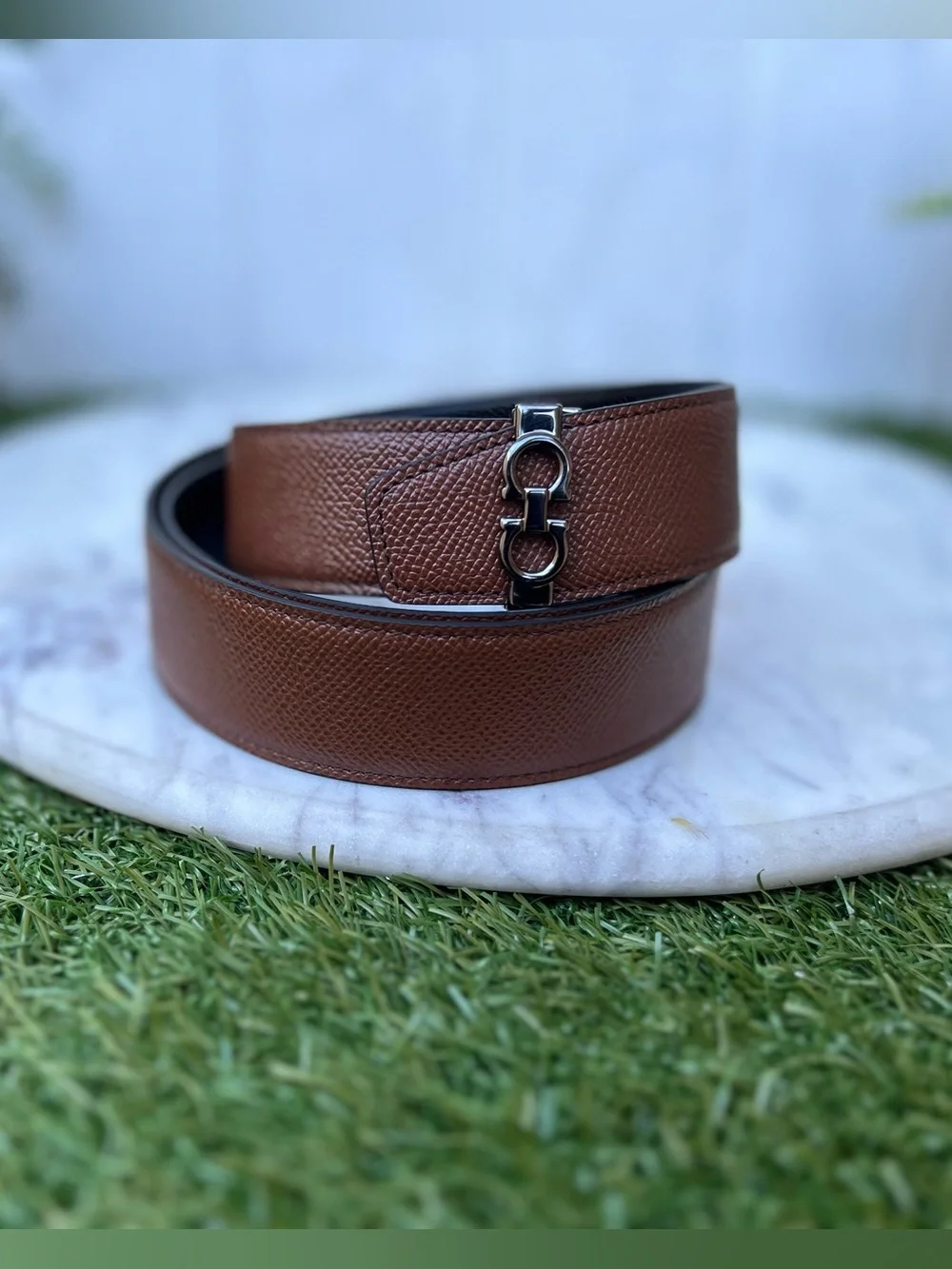 Salvatore Ferragamo Brown Leather Double Gancini Belt Strap Only